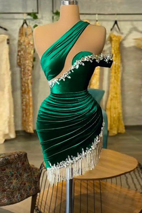 Velvet Green Sexy Short Prom Dresses Sleeveless Tassel Crystals Women Special Mini Cocktail Party Evening Gowns Custom Made