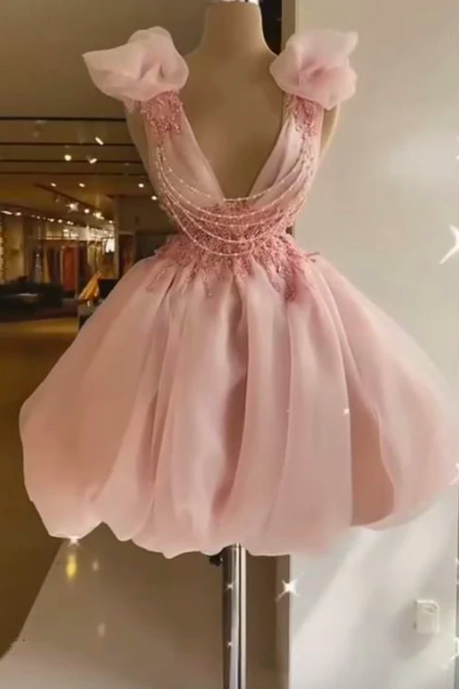 Pink Fashion Sweet Short Prom Dress V Neck Sleeveless Lace Appliques Ball Gown Women Mini Cocktail Evening Gown Custom Made