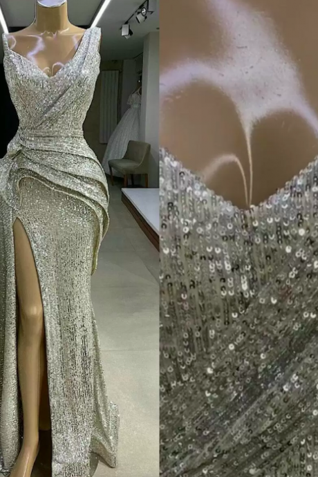 2023 Giltter Silver Sequins Prom Dresses V Neck Side High Split Ruffles Sweep Train Custom Plus Size Evening Party Gown Formal Occasion Wear