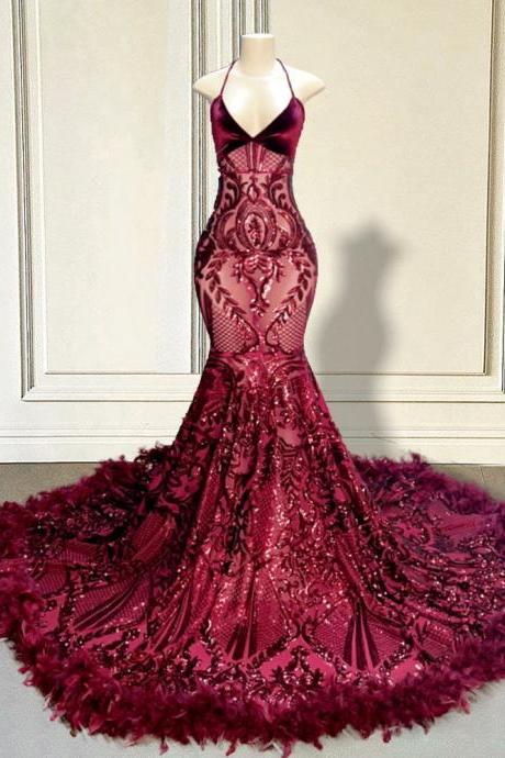 Sparkly Sequined Red Mermaid Long Prom Dress 2023 V Neck Feathers Train Girls Women Formal Evening Gowns For Graduation Party