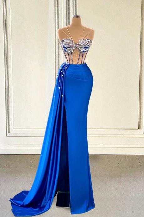 Glitter Beaded Blue Long Prom Dresses Mermaid For Graduation Sexy Sheer Mesh With Slit Gils Women Formal Evening Party Gown