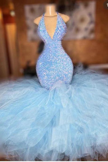 Sparkly Prom Dresses, Sequins Prom Dresses, Blue Prom Dresses, Evening Dresses, Sequins Evening Gowns, Mermaid Evening Dresses, Custom Make