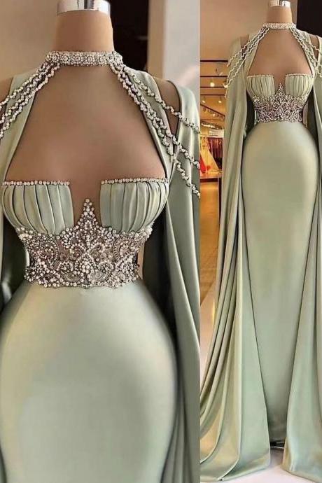 Green Prom Dresses, Sexy Prom Dresses, Evening Dresses, 2023 Prom Dresses, Pearls Prom Dresses, Sexy Evening Gowns, Custom Make Evening