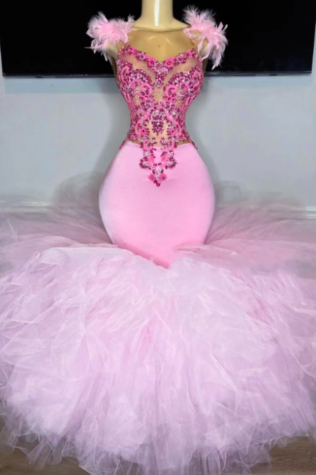 Luxury Pink Mermaid Prom Dresses For Black Girls Ruffles Beads Feathers Formal Party Evening Dress Robe De Bal