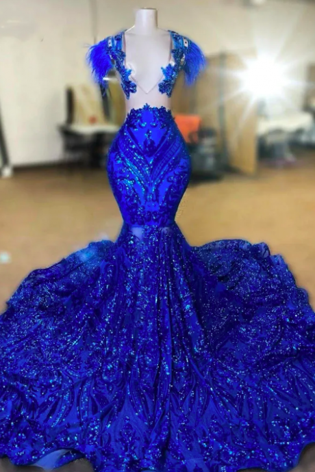 Sparkly Royal Blue Prom Dress 2023 For Women Glam Sequin Black Girls Birthday Party Dresses Robes De Bal Long Evening Gowns