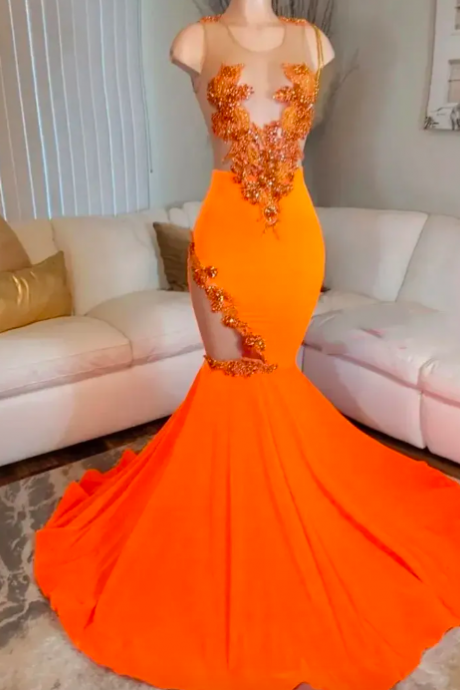 Mordern Orange Satin Mermaid Prom Dresses For Arabic Women 2023 Sheer Neck Sweep Train Lace Appliques Plus Size Formal Evening Occasion Gowns