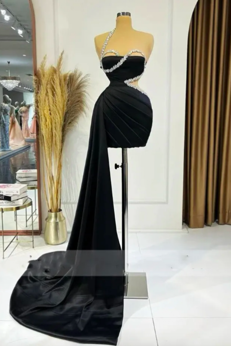 2023 Dubai Black Prom Dresses 2023 Pleats Crystals Sexy Homecoming Cocktail Party Gowns Robe De Bal Custom