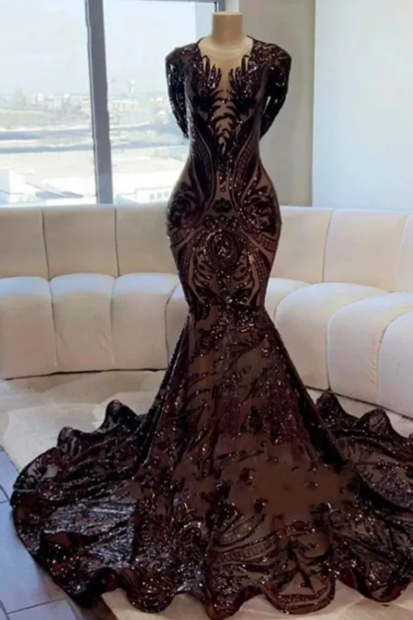 2023 Prom Dresses For Black Girls Sparkly Sequins Sheer Neck Long Sleeve Birthday Party Formal Occasion Gowns Robe