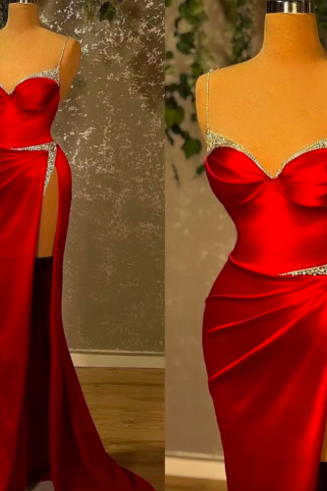 Sexy Red High Thigh Split Evening Prom Dresses 2023 Latest Mermaid Spaghetti Straps Beads Sequined Satin Long Robes De Ball
