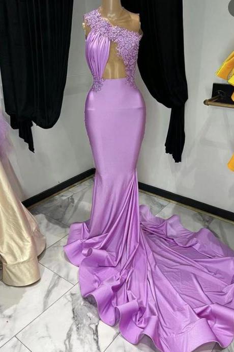 light purple prom dresses, one shoulder prom dresses, mermaid prom dresses, custom make evening dresses, satin evening gowns, lace appliques evening dresses, new arrival formal dresses, 2023 prom dresses