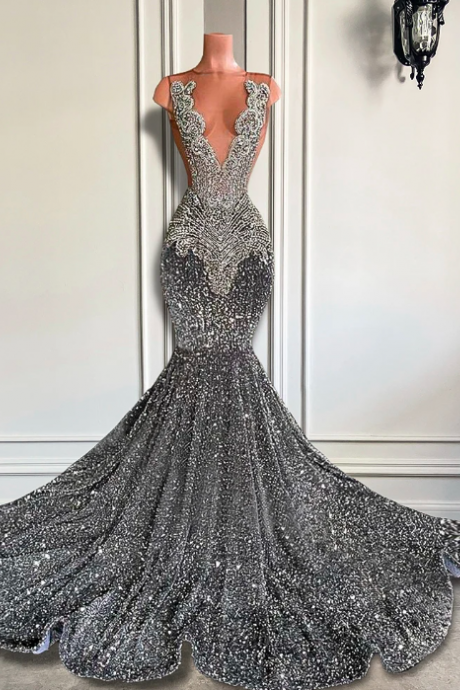 Sexy Long Sparkly Prom Dresses 2023 Sheer O-neck Luxury Silver Crystals Diamond Sequin Mermaid Black Girl Prom Party Gowns