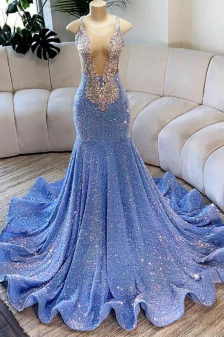 Blue Prom Dresses, Crystal Prom Dresses Custom Make Prom Dresses, Evening Dresses, Arrival Evening Gowns, Sheer Crew Prom Dresses, Crystal