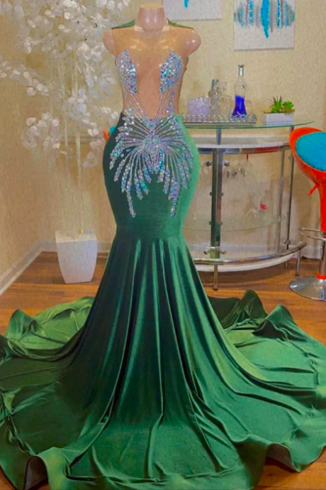 Sexy Glitter Green Mermaid Prom Dresses 2023 Velvet Luxury Illusion Crystal Rhinestones Party Gowns Robe De Bal Court Train
