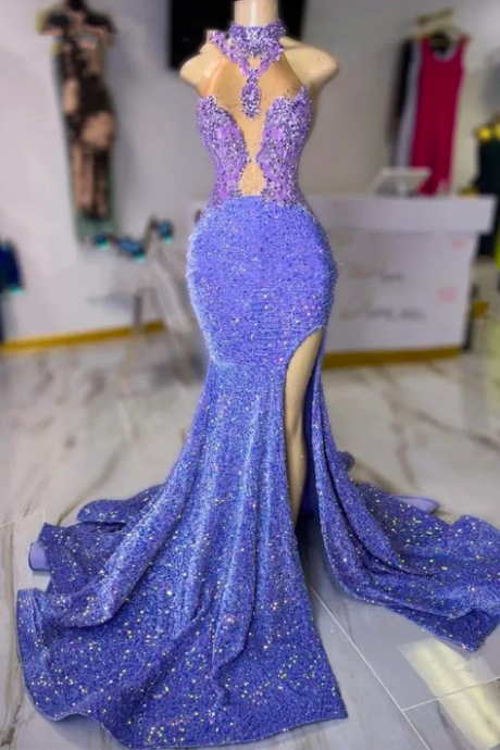 Lilac Sequins High Neck Long Prom Dress For Black Girls 2023 Appliques Birthday Party Dresses Sequined Evening Gowns Mermaid Evening Dresses