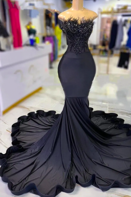 Elegant Strapless Mermaid Lace Long Prom Dress For Black Girls 2023 Beaded Crystal Birthday Party Dresses Feathers Evening Gowns