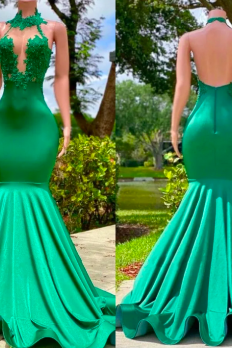 Dubai Arabic Sexy Green Mermaid Prom Dresses For Women Plus Size Halter Jewel Neck Lace Applique Backless Formal Wear Birthday Pageant Reception