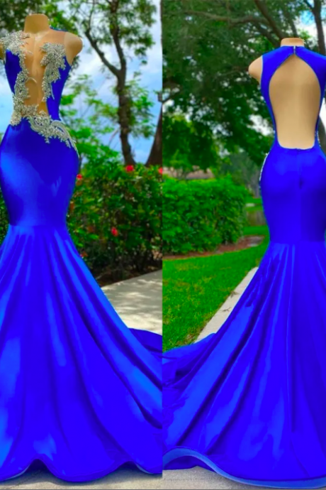Sexy Royal Blue Mermaid Prom Dresses For Women Plus Size O Neck Beaded Crystals Satin Pleats Backless Draped Special Occasion Formal Evening