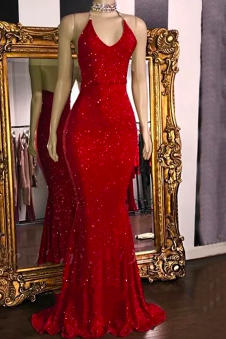Sparkly Red Mermaid Prom Dresses For Women 2023 Robe De Soirée African V Neck Backless Long Sequin Formal Evening Party Gowns
