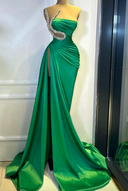 Strapless Beading Mermaid Prom Dress Sexy Side Split Evening Gowns Saudi Arabia Side Split Wedding Party Dress 2023