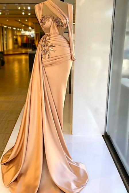 Champagne Merrmaid Formal Evening Dress One Shoulder Pleats 3d Flowers Prom Dresses Celebrity Dresses Party Gowns