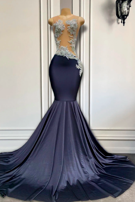 Long Black Prom Dresses 2023 Sheer O-neck Sparkly Luxury Diamond Crystals Spandex African Girls Mermaid Prom Party Gowns