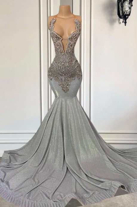Silver Long Prom Dresses 2023 Sexy Mermaid Fitted Halter Luxury Sparkly Silver Diamond Black Girls Prom Gala Gowns
