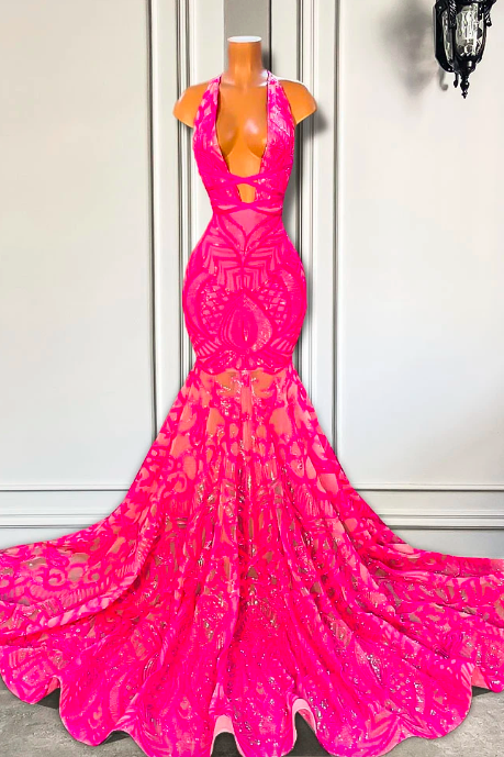 Long Sparkly Prom Dresses 2023 Halter V-neck Sleeveless Pink Sequined Mermaid Style Black Girl Prom Gala Formal Gowns