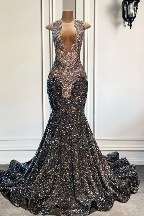 Luxury Long Prom Dresses 2023 Sexy Mermaid Style Fitted Sparkly Silver Diamond Sequin Black Girls Prom Gala Formal Prom Gowns
