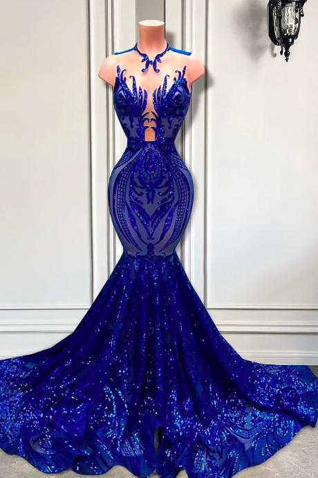 Real Sample Long Prom Dresses 2023 Fitted Mermaid Style Sheer Mesh Royal Blue Sparkly Sequined Black Girls Women Prom Gala Gowns