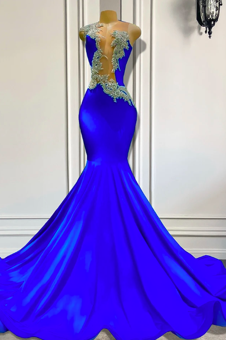 Long Elegant Prom Dresses 2023 Sexy Mermaid Real Picture Sparkly Silver Embroidery Black Girls Gowns Royal Blue Prom Gala Formal
