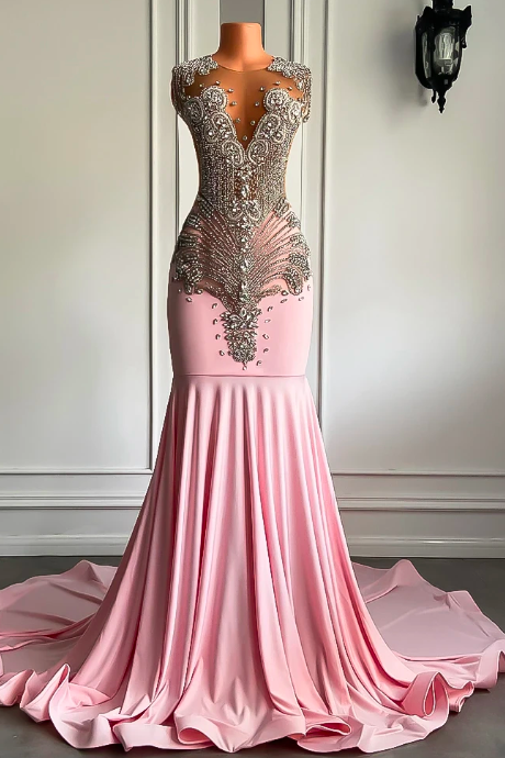 Long Pink Prom Dresses 2023 Sheer Mesh Top Luxury Sparkly Silver Diamond Black Girls Pink Prom Formal Party Gowns