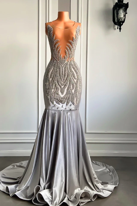 Sexy Sheer See Through Top Women Prom Gowns Luxury Sparkly Diamond Silver Velvet Black Girl Mermaid Long Prom Dresses 2023