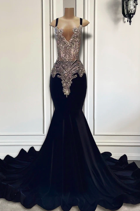 Luxury Long Prom Dresses 2023 Sexy Mermaid Style Sparkly Silver Diamond Crystals Black Girl Velvet Prom Party Gowns