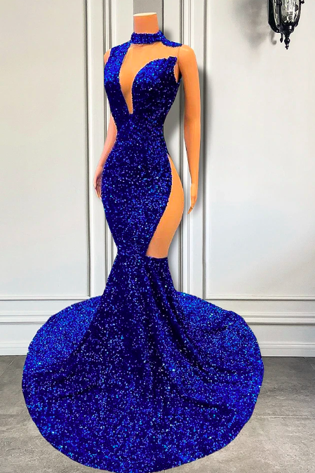 Long Sparkly Prom Dresses 2023 Sexy Mermaid Style High Neck Sheer Mesh Royal Blue Sequin Black Girls Prom Party Gowns