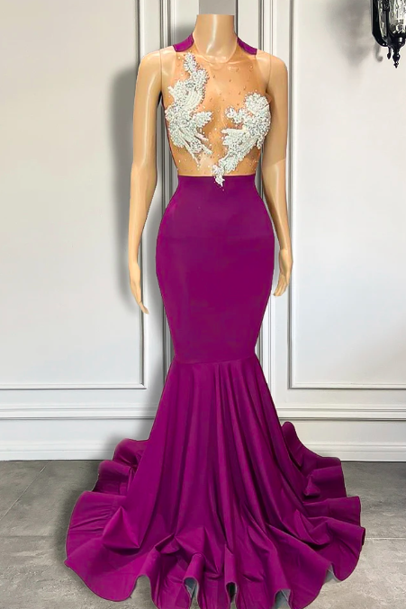 Sexy Sheer O-neck Sleeveless Sparkly Beaded Silver Diamond Black Girls Mermaid Style Purple Long Prom Dresses 2023