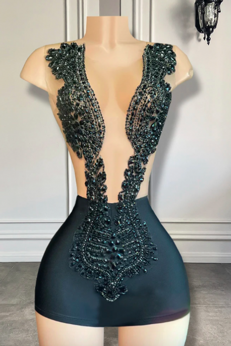 Luxury See Through Black Spandex Short Prom Dresses 2023 Luxury Crystals Diamond Women Birthday Cocktail Party Formal Gowns