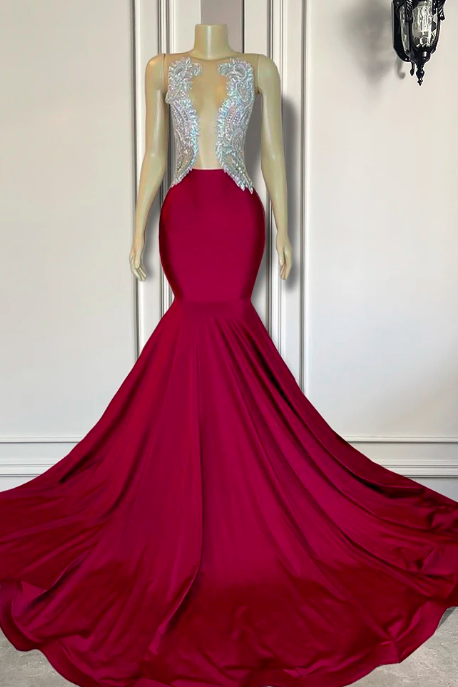 Long Mermaid Prom Dresses 2023 Elegant Sheer Beaded Crystals Women Burgundy Spandex Black Girl Prom Party Gowns