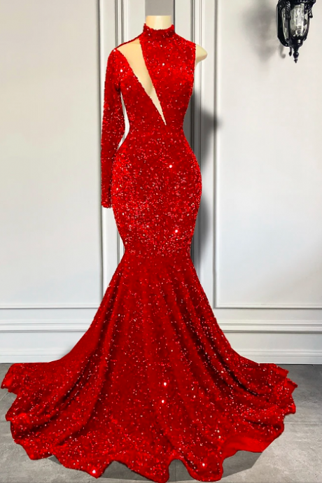 Single Long Sleeve Prom Dresses 2023 High Neck Sexy Mermaid Style Sparkly Red Sequin Black Girl Prom Gala Party Gowns