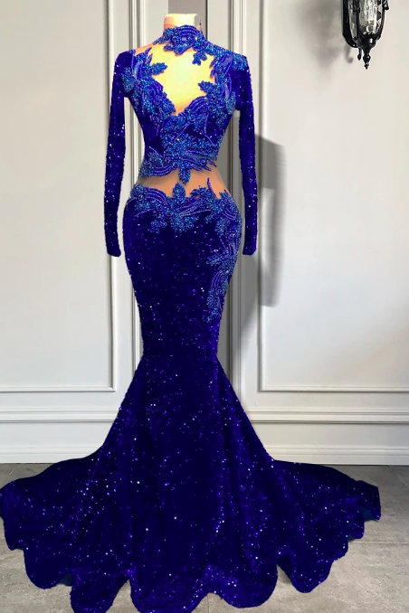 Long Sleeve Prom Dresses 2023 High Neck Luxury Beaded Embroidery Royal Blue Sparkly Sequin Mermaid Black Girl Prom Party Gowns