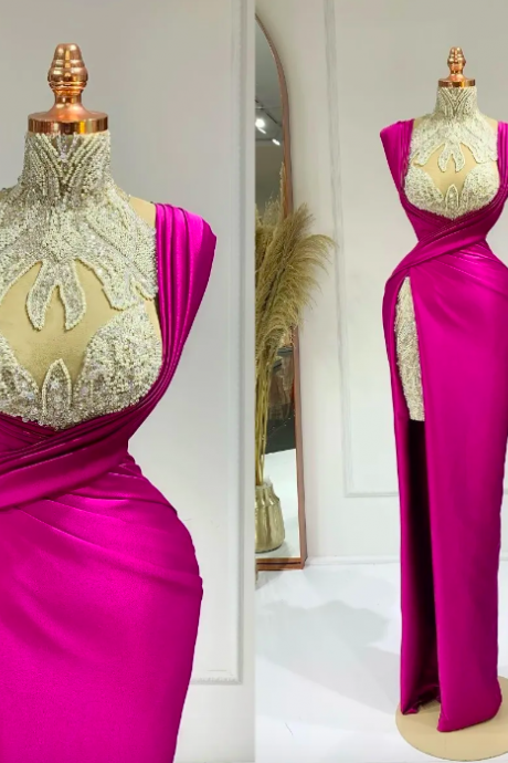 2023 Arabic Mermaid Split Prom Dresses Fuchsia Beaded Sequined High Neck Evening Formal Party Second Reception Gowns