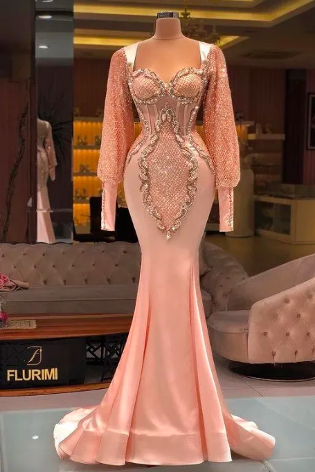 2024 Plus Size Arabic Mermaid Sexy Evening Dresses Lace Beaded Long Sleeves Prom Formal Party Second Reception Gowns