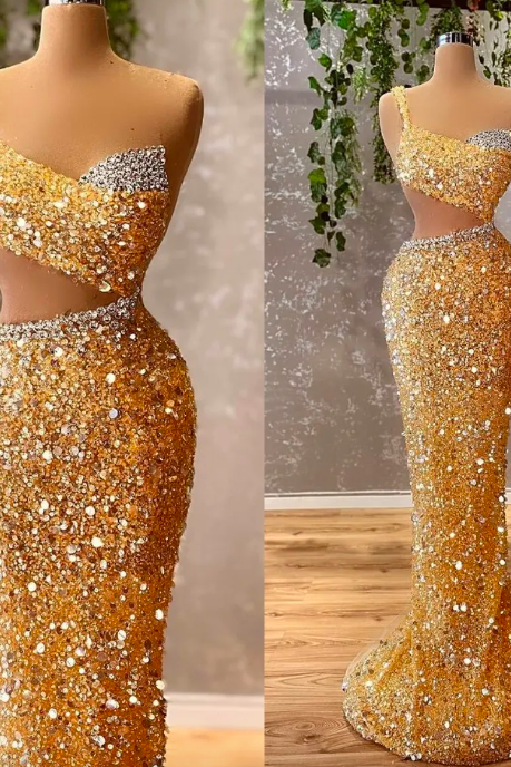 Arabic Gold Sparkly Mermaid Prom Dresses Beaded Crystals One Shoulder Evening Formal Party Second Reception Gowns