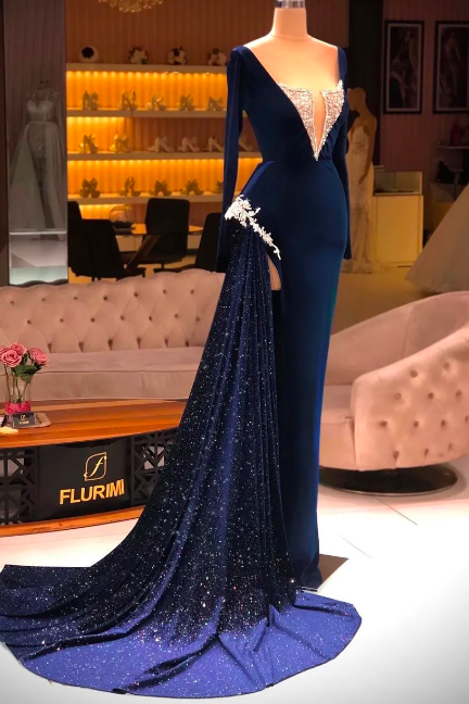 Dark Navy Mermaid 2024 Prom Dresses Appliqued Beaded Long Sleeve Split Evening Formal Wear Party Second Reception Gowns