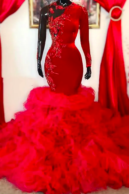 Plus Size Arabic Mermaid Red Prom Dresses Lace Beaded Velvet Aso Ebi Evening Formal Party Second Reception Gowns
