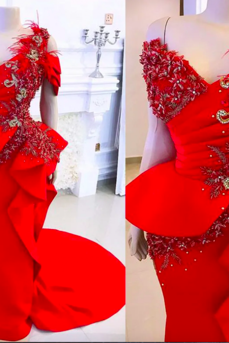 2023 Plus Size Arabic Aso Ebi Red Luxurious Mermaid Prom Dresses Lace Beaded Satin Evening Formal Party Second Reception Gowns Dress