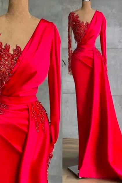 2024 Plus Size Arabic Aso Ebi Red Sexy Luxurious Prom Dresses Lace Beaded Crystals Evening Formal Party Second Reception Gowns