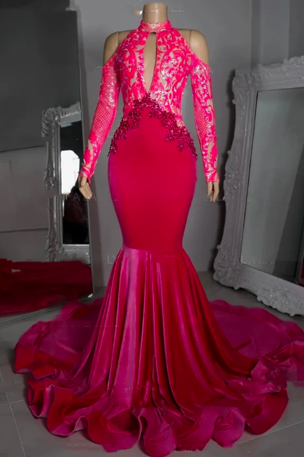 Pink High Neck Long Evening Dresses For Black Girls 2023 Sparkly Sequined Long Sleeves Plus Size Birthday Party Mermaid Prom Gowns