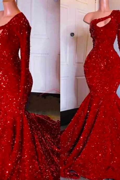 Red Sequined Mermaid Prom Dresses 2024 Plus Size One Shoulder Long Sleeve Keyhole Black Girls Party Evening Gowns Vestido De Fiesta
