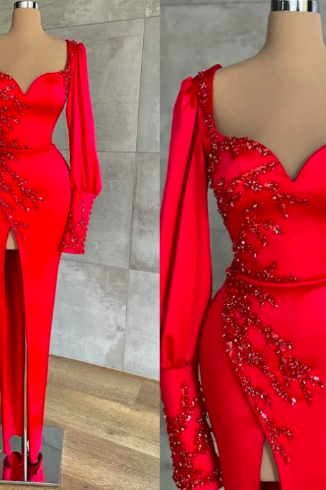 Long Sleeve Sparkly Prom Formal Dresses 2024 Red Sweetheart Lace Sequins Sexy Slit Mermaid Arabic Occasion Evening Dress Gowns