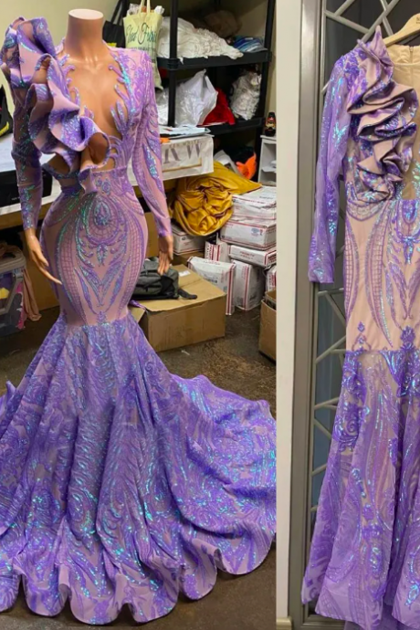 2023 Sparkling Evening Dresses Lilac Lavender Sequins Mermaid Prom Dress Sexy V Neck Ruffles Party Gowns Long Sleeves Shiny Lace Robe De Soiree